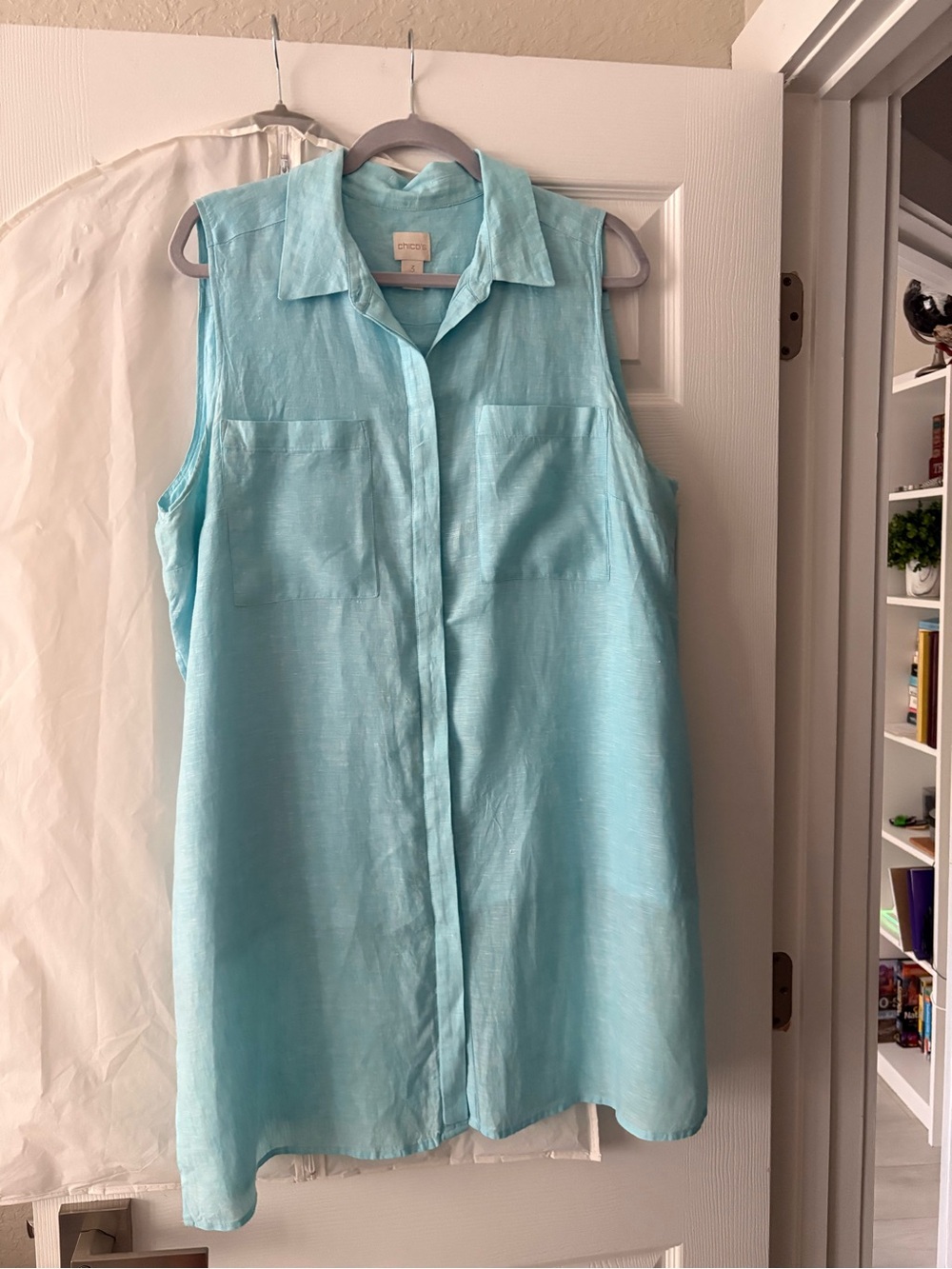 Chico's Aqua Button-Front Linen Collared Top size 16-18/ xXL Cichos size 3